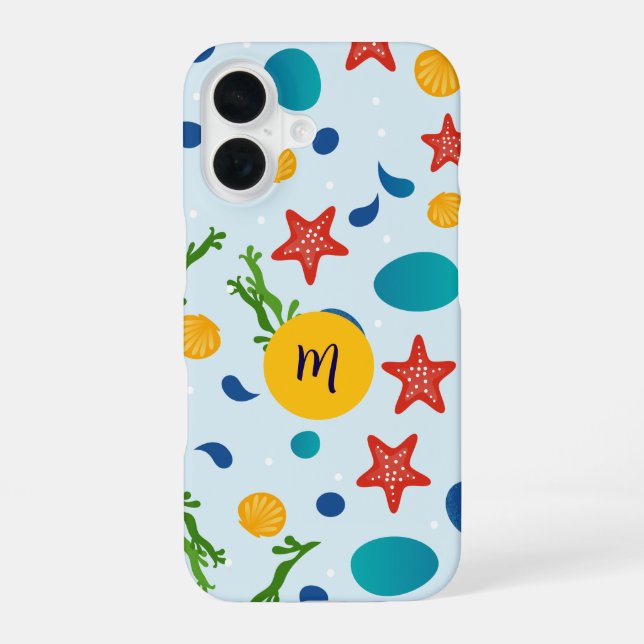 Cute ocean beach collage custom monogram  iPhone 16 case (Back)