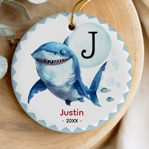 Cute Ocean Blue Coastal Shark Christmas Keepsake Ceramic Ornament