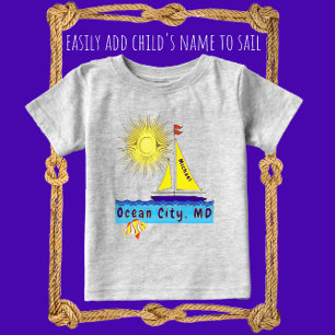 Cute Ocean City Sailboat Sun and Fish with Name Baby T-Shirt