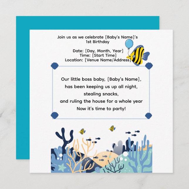 Cute Ocean First Birthday Celebration Invitation (Front/Back)
