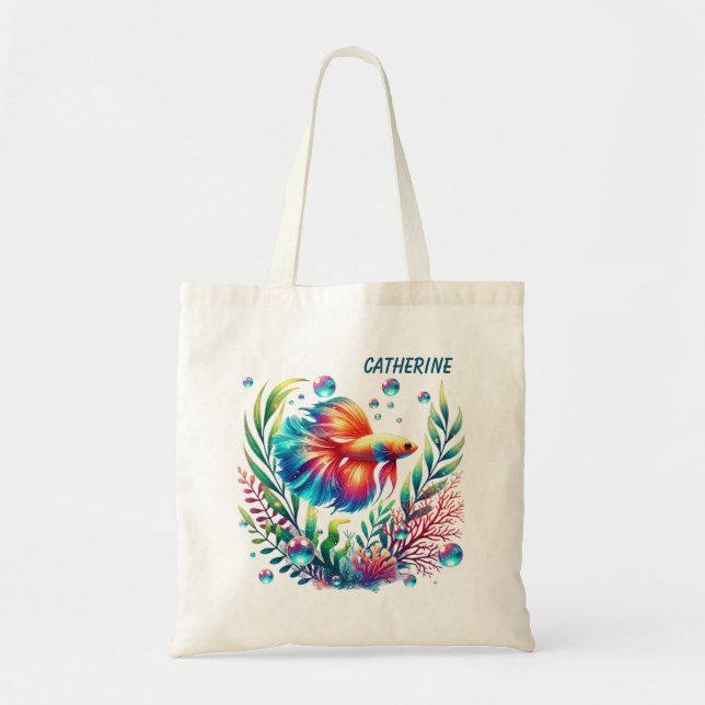Cute ocean fish add name beach tote bag (Front)