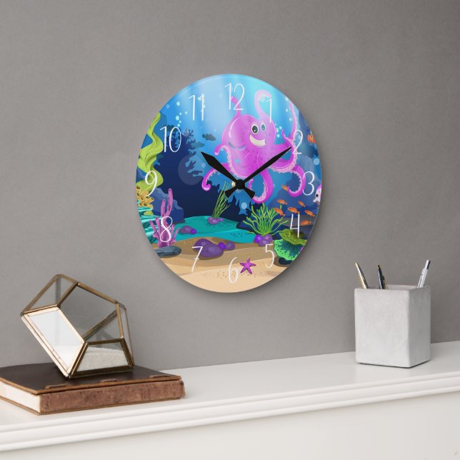 cute ocean fish beach house  large clock (Office)
