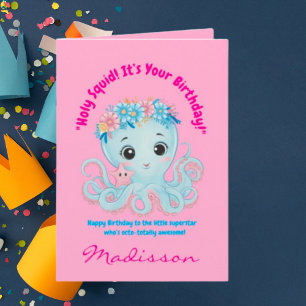 Cute Ocean Floral Octopus Girly Kids Birthday Card