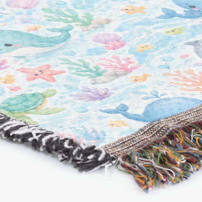 Cute Ocean Friends Watercolor Pattern Throw Blanket (Corner)