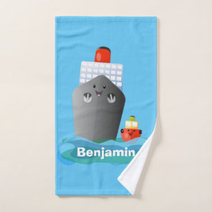 Cute ocean liner ship tug cartoon illustration bath towel set