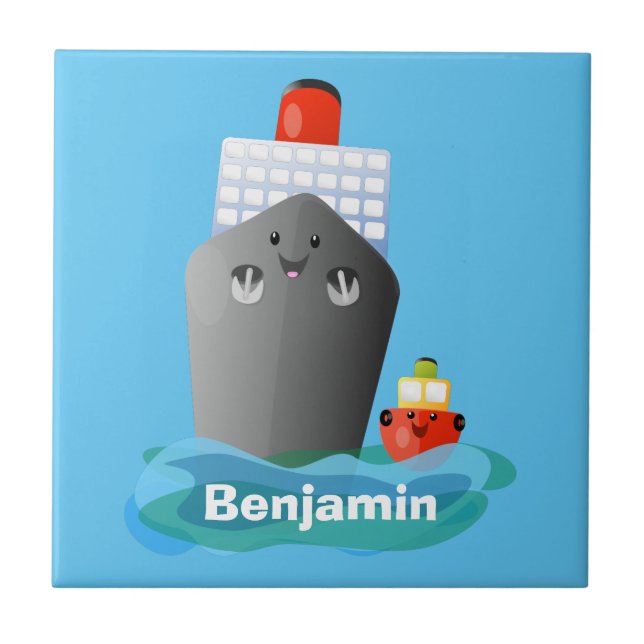 Cute ocean liner ship tug cartoon illustration ceramic tile (Front)