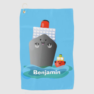 Cute ocean liner ship tug cartoon illustration golf towel