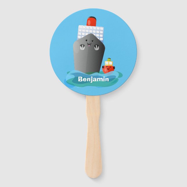 Cute ocean liner ship tug cartoon illustration hand fan (Front)