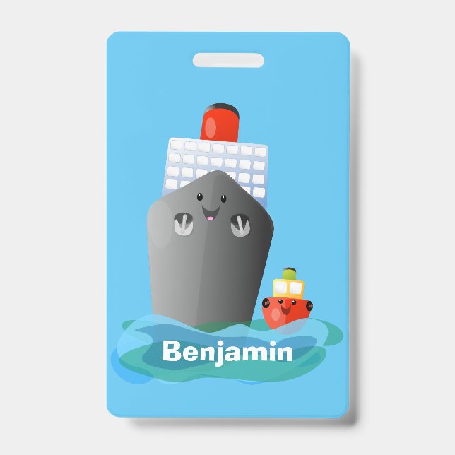 Cute ocean liner ship tug cartoon illustration ID badge (Front)