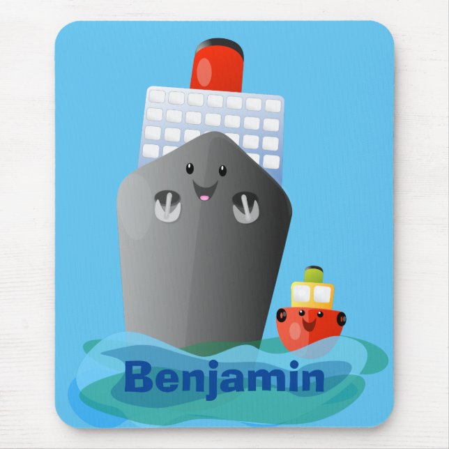 Cute ocean liner ship tug cartoon illustration mouse pad (Front)