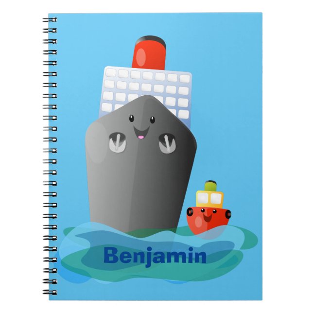 Cute ocean liner ship tug cartoon illustration notebook (Front)