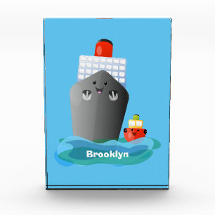 Cute ocean liner ship tug cartoon illustration photo block