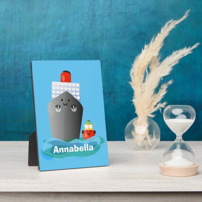 Cute ocean liner ship tug cartoon illustration plaque (Side)