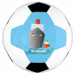 Cute ocean liner ship tug cartoon illustration soccer ball