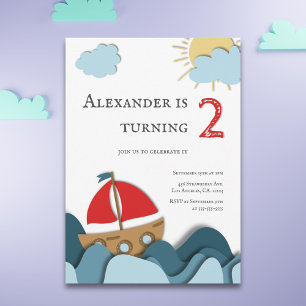 Cute Ocean Nautical Sail Boat Boy 2nd Birthday Invitation