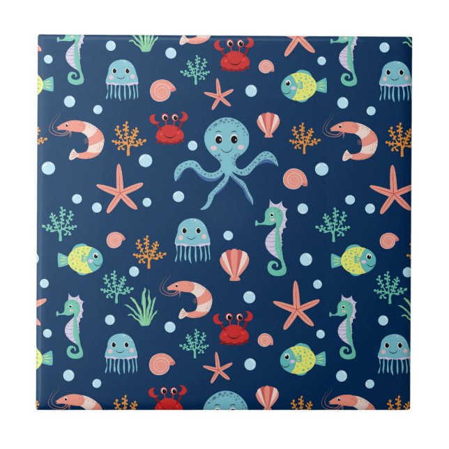 Cute Ocean Sea Life Pattern Ceramic Tile (Front)