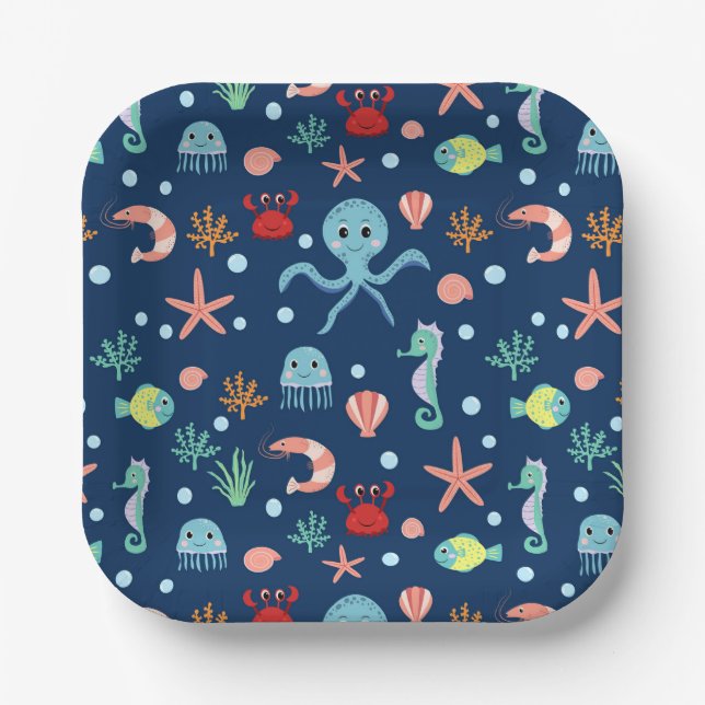 Cute Ocean Sea Life Pattern Paper Plate (Front)