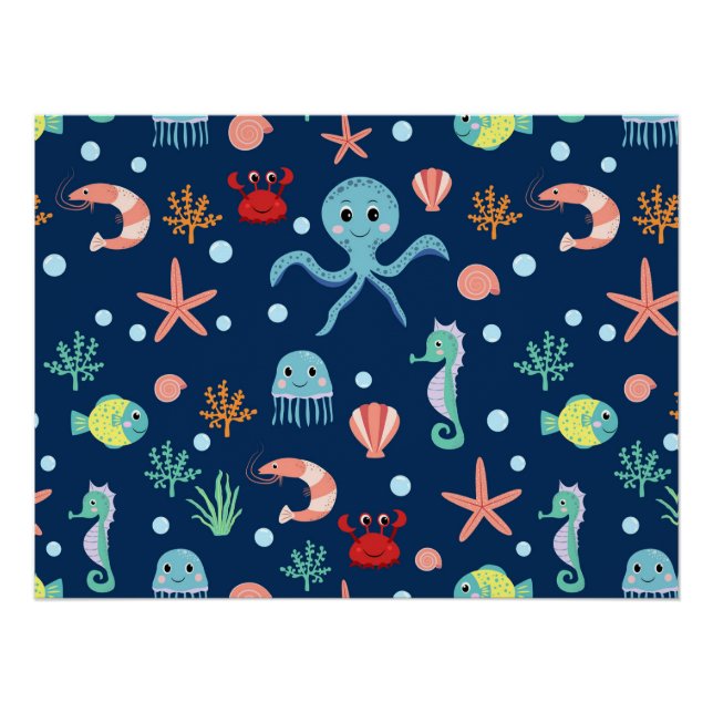 Cute Ocean Sea Life Pattern Poster (Front)