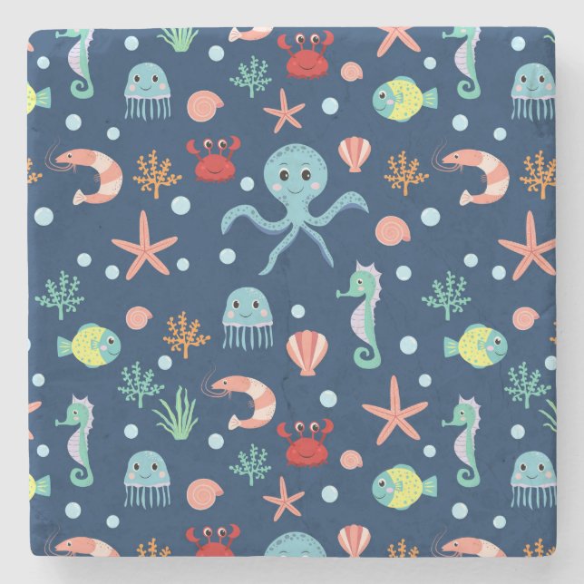 Cute Ocean Sea Life Pattern Stone Coaster (Front)