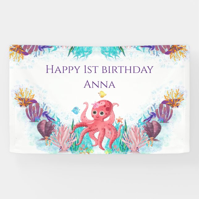 Cute Ocean Sea Octopus colourful Happy Birthday  Banner (Horizontal)