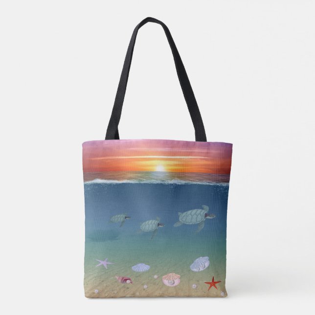 Cute ocean sunrise, swimming sea turtles & shells tote bag (Back)