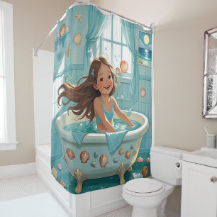 Cute Ocean-Themed Bath Time Girl Shower Curtain