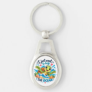 Cute Ocean Turtle Hug The Ocean Design Key Ring