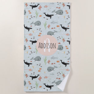 Cute Ocean Whale and Sea Pattern Kids Beach Towel