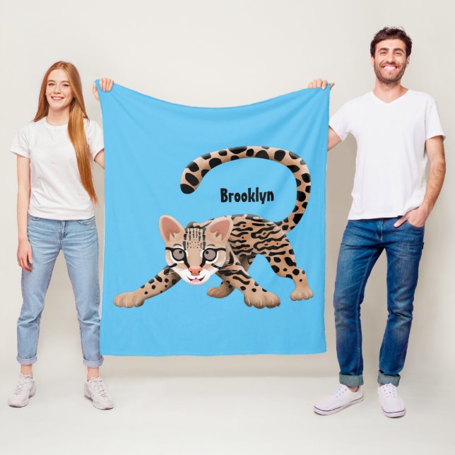 Cute ocelot cartoon illustration fleece blanket (In Situ)