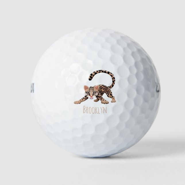 Cute ocelot cartoon illustration golf balls (Front)