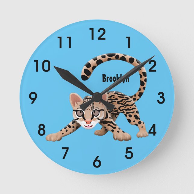 Cute ocelot cartoon illustration round clock (Front)
