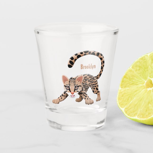 Cute ocelot cartoon illustration shot glass (Front)