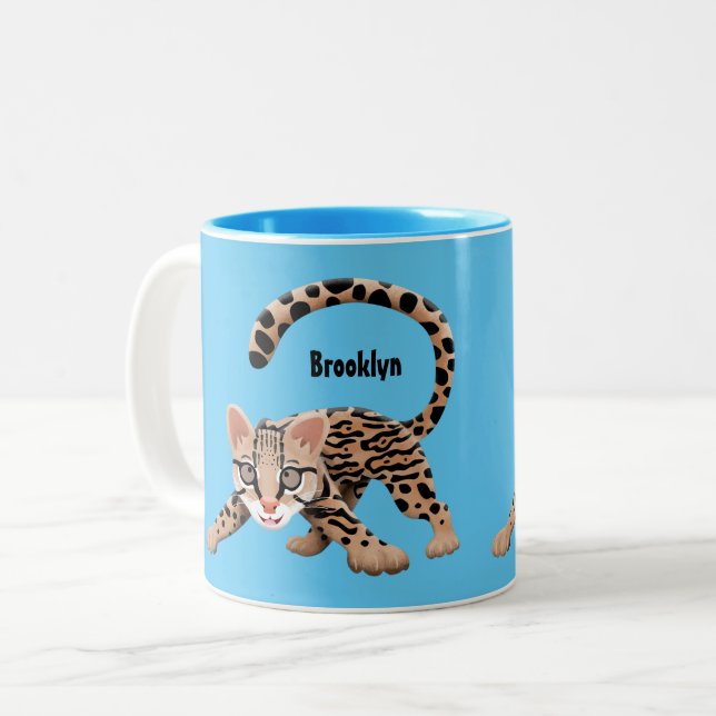 Cute ocelot cartoon illustration  Two-Tone coffee mug (Front Left)