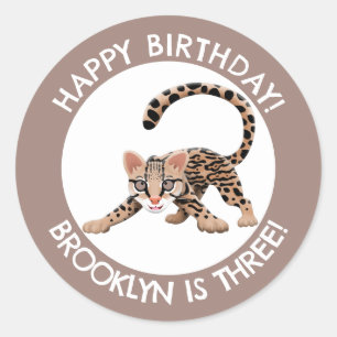 Cute ocelot cartoon personalised birthday classic round sticker