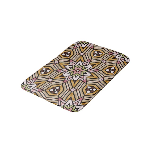 Cute Ochre Yellow Brown Pink Mosaic Pattern Bath Mat (Angled)