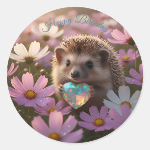 Cute October Hedgehog with Opal Heart Classic Round Sticker