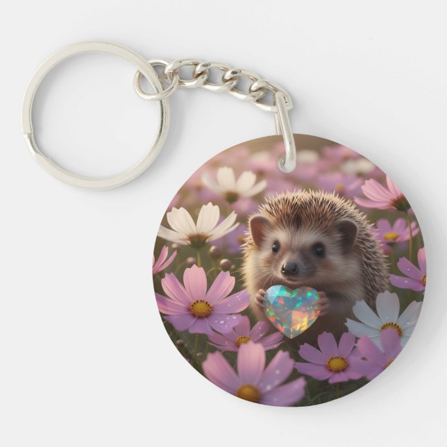 Cute October Hedgehog with Opal Heart Key Ring (Front)