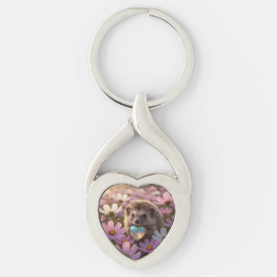 Cute October Hedgehog with Opal Heart Key Ring