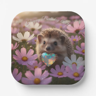 Cute October Hedgehog with Opal Heart Paper Plate