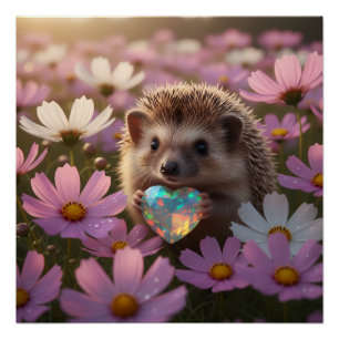 Cute October Hedgehog with Opal Heart Poster