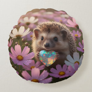 Cute October Hedgehog with Opal Heart Round Cushion
