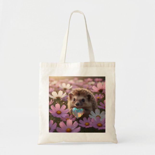 Cute October Hedgehog with Opal Heart Tote Bag (Front)
