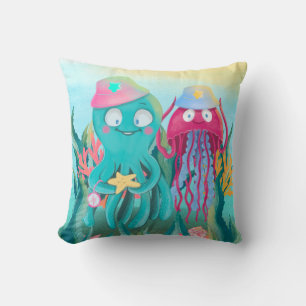 Cute Octopus and Jellyfish Throw Pillow