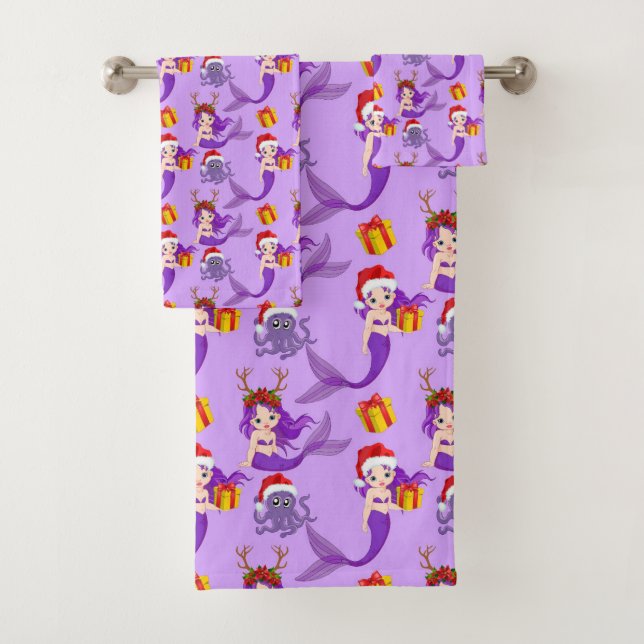 Cute Octopus and mermaid Beach Christmas Bath Towel Set (Insitu)