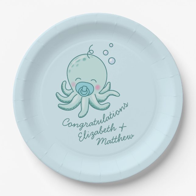Cute Octopus Baby Shower Kawaii Blue Boy Paper Plate (Front)
