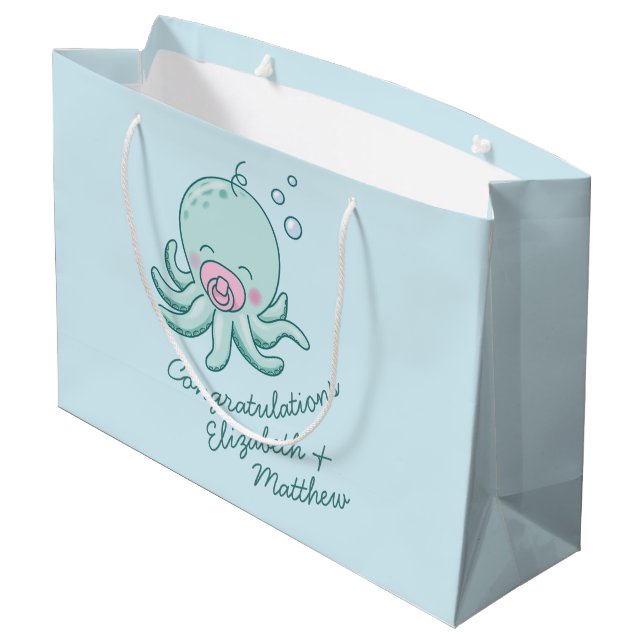 Cute Octopus Baby Shower Kawaii Pink Girl Large Gift Bag (Back Angled)