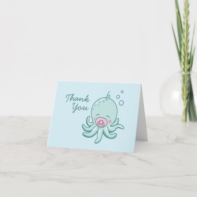 Cute Octopus Baby Shower Kawaii Pink Girl Thank You Card (Front)