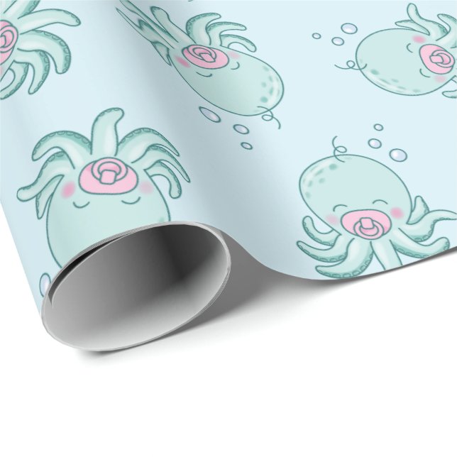 Cute Octopus Baby Shower Kawaii Pink Girl Wrapping Paper (Roll Corner)