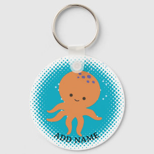 Cute Octopus Cartoon Blue Ocean Custom Name Key Ring