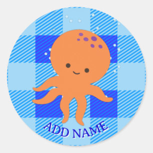 Cute Octopus Cartoon Blue Plaid Custom Name Classic Round Sticker